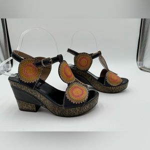 Spring Step Black Wedge Sandals with Pink-Orange Floral Medallions